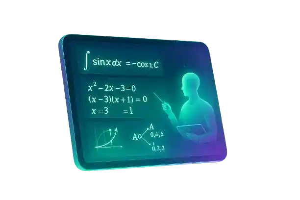 Digital tablet displaying algebra and calculus formulas with a silhouette teacher figure—representing AYM’s personalized, self-paced video math lessons from Pre-Algebra to Calculus.