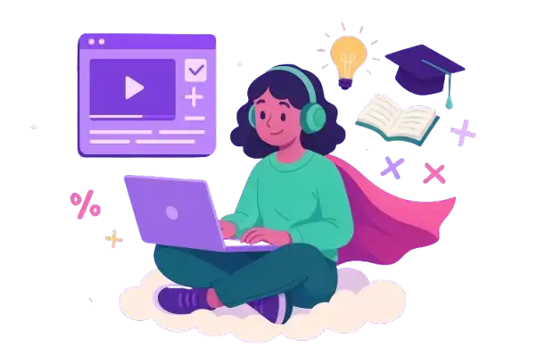 Illustrated student with headphones and laptop sitting on a cloud, wearing a cape, surrounded by icons of online learning, graduation, and ideas—symbolizing AYM’s personalized learning paths to academic excellence and Olympiad success.