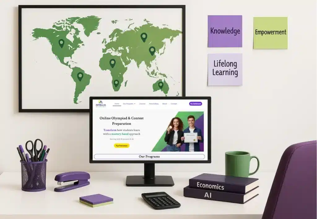About Intellia Academy vision – global Olympiad preparation with world map, computer, and books on Economics and AI