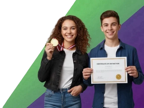 Online Olympiad & Contest Preparation at Intellia Academy - Students with medal and certificate.